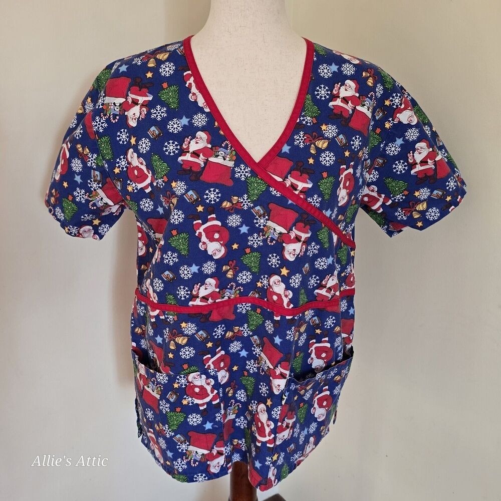 Peppermint Scrub Top Santa Shirt Blue Red White Christmas Winter‎ Medium*
